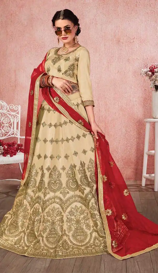 Beige Color Satin Silk Traditional Patry Wear Lehenga Choli -698487178