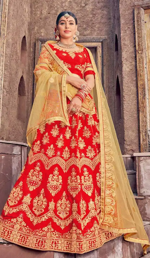 Red Color Silk Traditional Patry Wear Embroidered Lehenga Choli -698687189