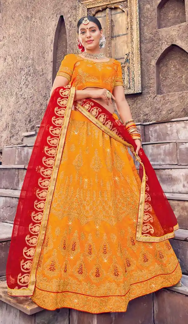 Attractive Orange Color Silk Traditional Patry Wear Embroidered Lehenga Choli -698687193
