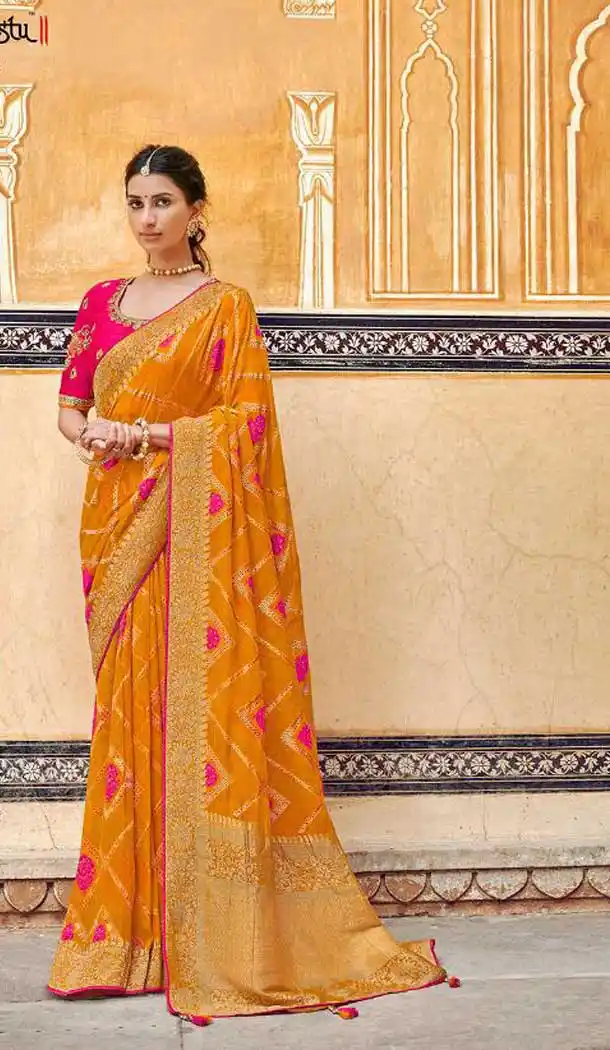 Musterd Color Banarasi Silk Designer Wedding Wear Saree With Blouse -702587516