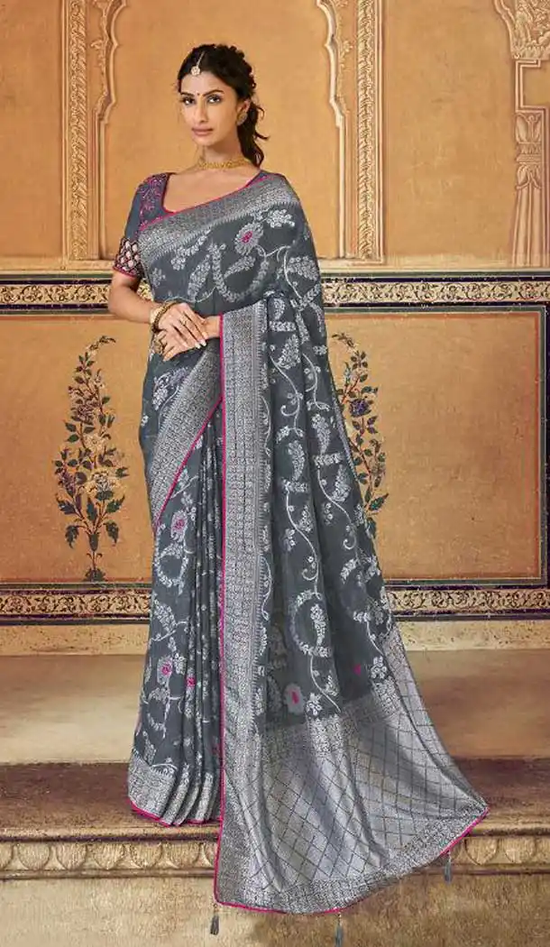 Grey Color Banarasi Silk Designer Wedding Wear Saree With Blouse -702587525