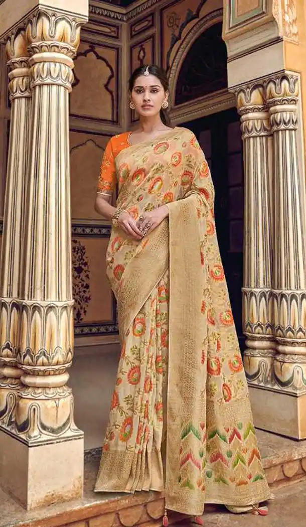 Beige Color Banarasi Silk Designer Wedding Wear Saree With Blouse -702587526