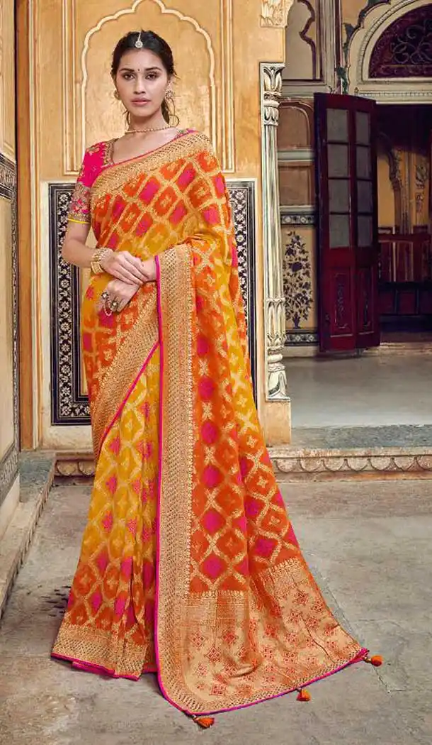 Elegance Multi Color Banarasi Silk Designer Wedding Wear Saree With Blouse -702587527