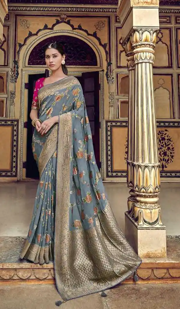 Grey Color Banarasi Silk Designer Wedding Wear Saree With Blouse -702587529
