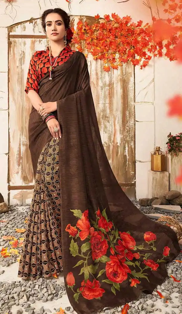 Exquisite Brown Color Chanderi Silk Printed Casual Wear Saree -700187321