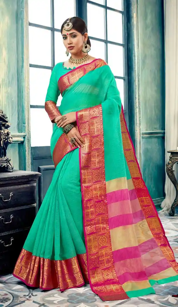 Contemporary Green Color Cotton Festival Wear Sarees Saree -700287327