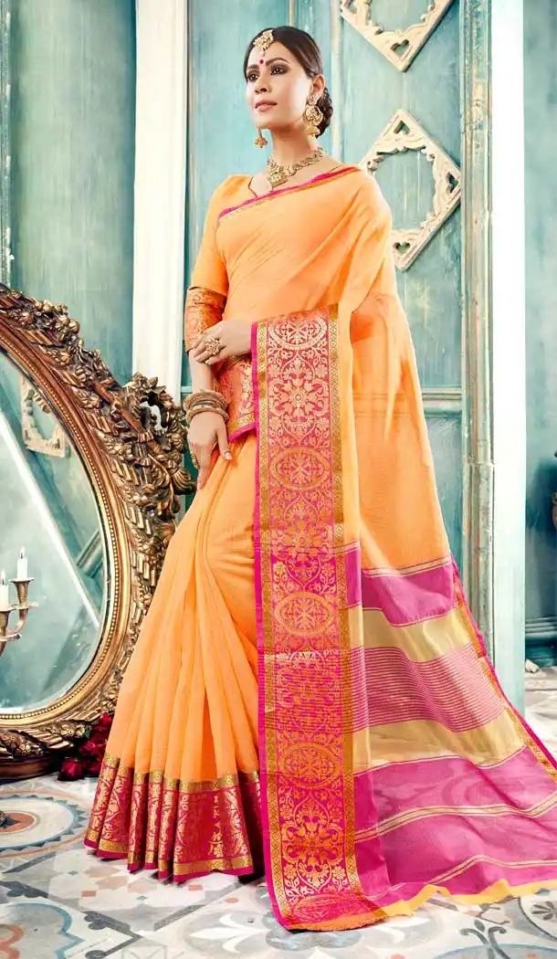 Enigmatic Orange Color Cotton Festival Wear Sarees Saree -700287332