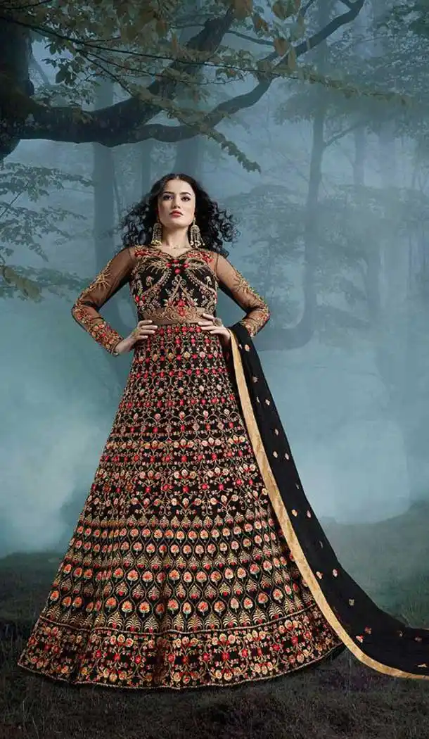 Black Color Net Pakistani Knee Length Anarkali Designer Salwar Kameez -701587449