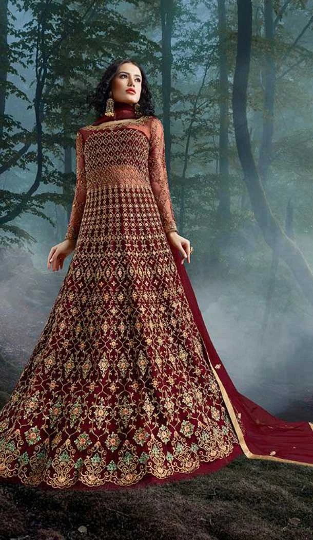 Maroon Color Net Pakistani Knee Length Anarkali Designer Salwar Kameez -701587450