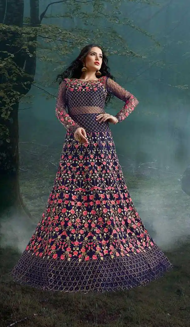 Blue Color Net Pakistani Knee Length Anarkali Designer Salwar Kameez -701587451