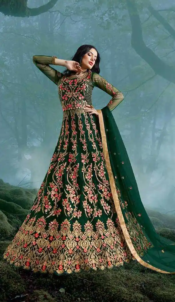 Green Color Net Pakistani Knee Length Anarkali Designer Salwar Kameez -701587453