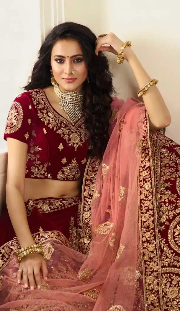 Maroon Color Velvet Designer Bridal Wedding Lehenga Choli -704487694