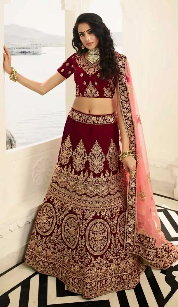 Maroon Color Velvet Designer Bridal Wedding Lehenga Choli -704487694