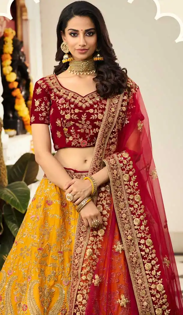Gorgeous Mustred Color Silk Designer Bridal Wedding Lehenga Choli -704487695