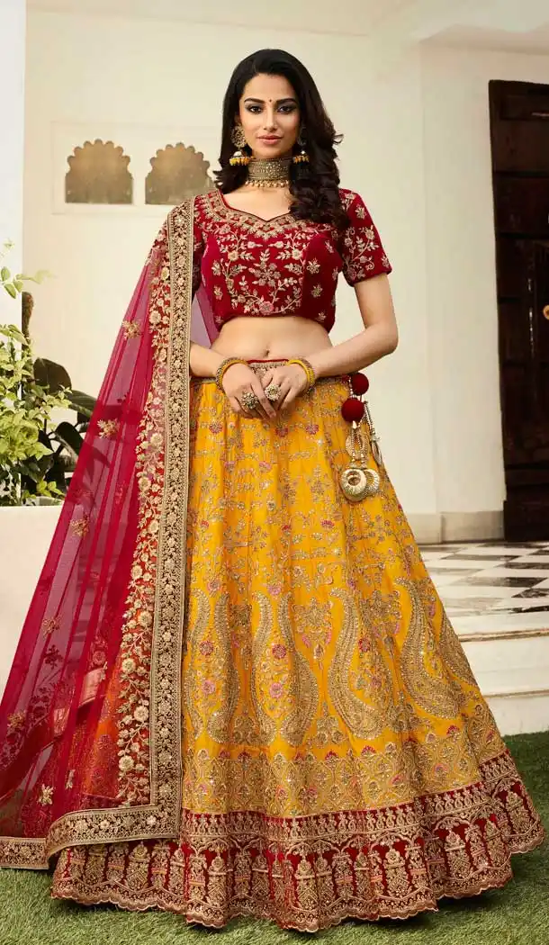 Gorgeous Mustred Color Silk Designer Bridal Wedding Lehenga Choli -704487695