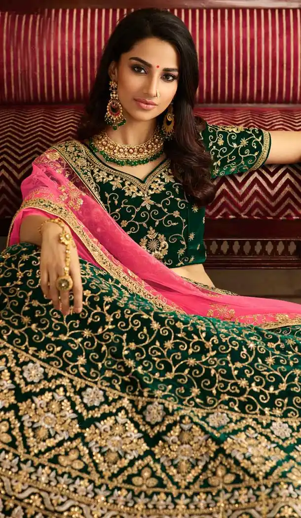 Fascinating Green Color Velvet Designer Bridal Wedding Lehenga Choli -704487697
