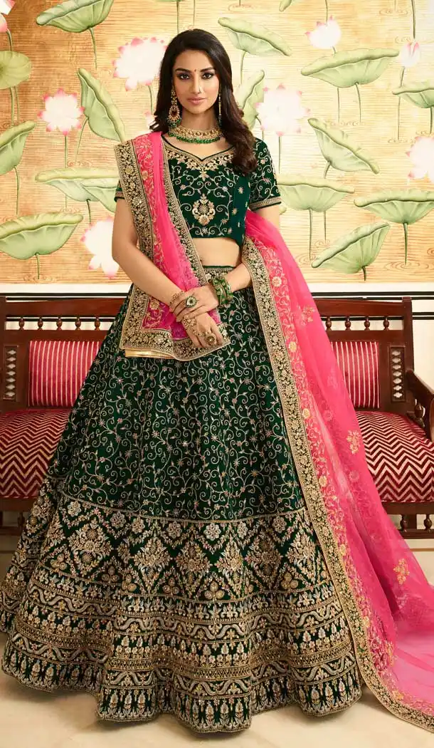 Fascinating Green Color Velvet Designer Bridal Wedding Lehenga Choli -704487697