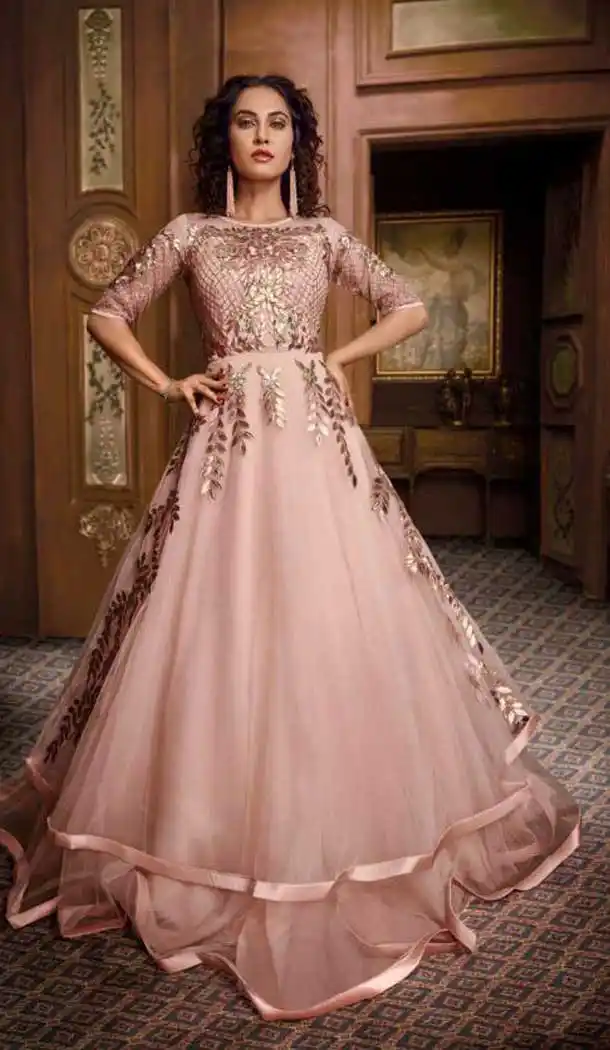 Creamy Pink Color Heavy Hmbroidery Designer Indo Westurn Gown -702687530