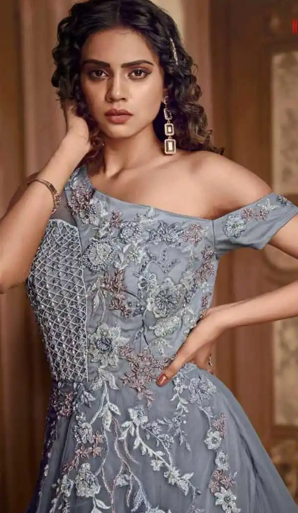 Grey Color Heavy Hmbroidery Designer Indo Westurn Gown -702687531