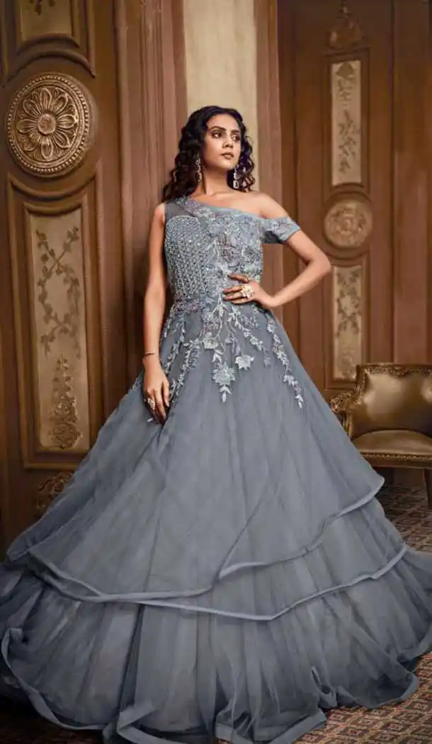 Grey Color Heavy Hmbroidery Designer Indo Westurn Gown -702687531