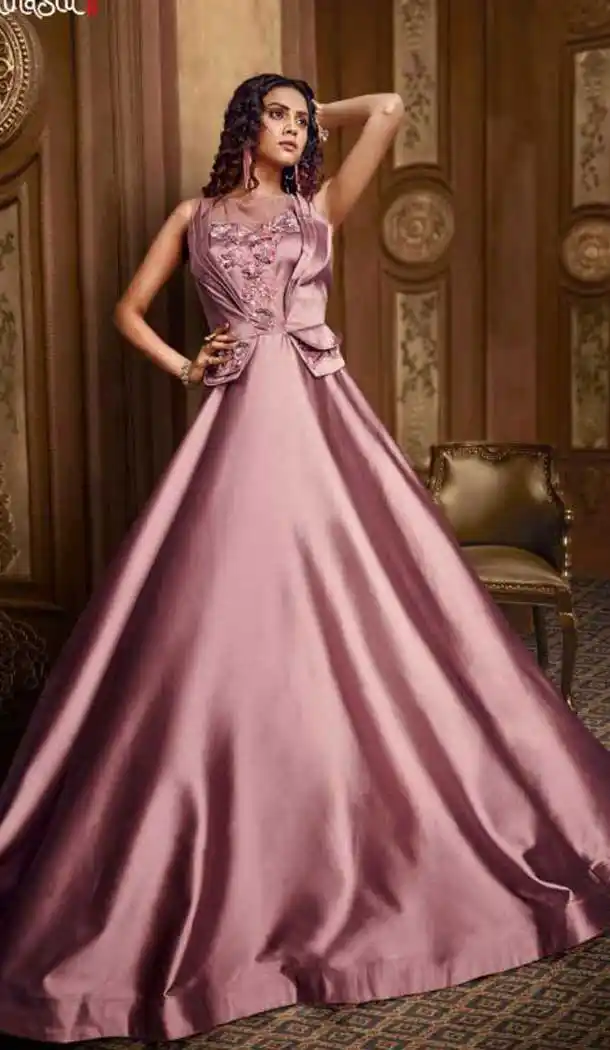 Rose Gold Pink Color Heavy Hmbroidery Designer Indo Westurn Gown -702687533