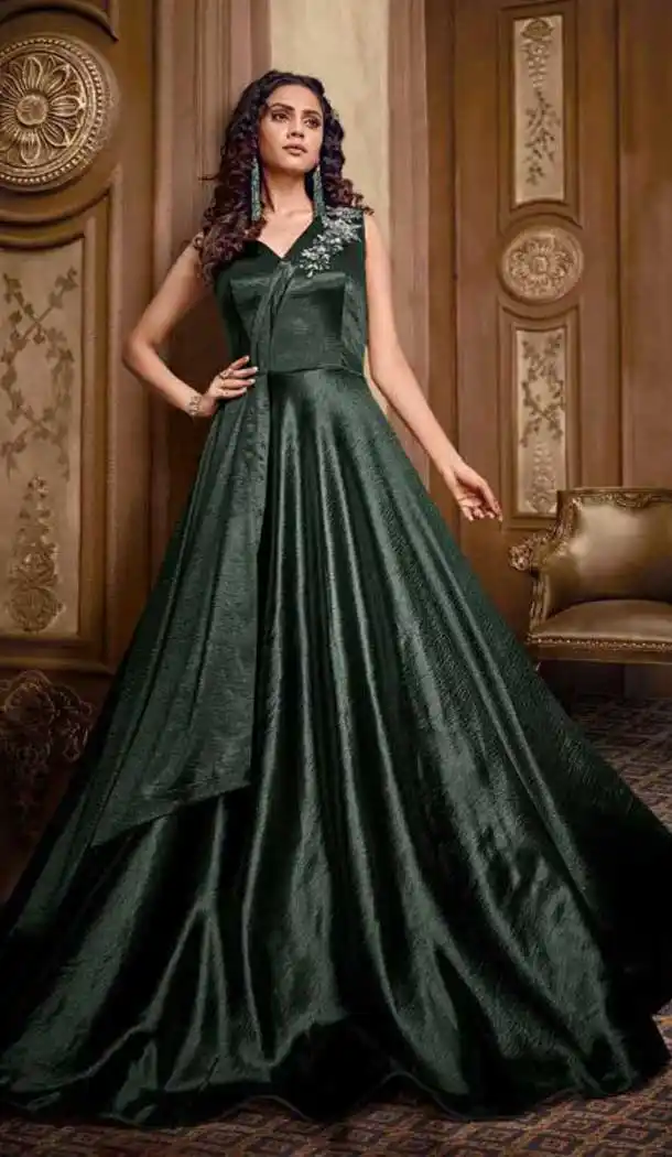 Steel Green Color Heavy Hmbroidery Designer Indo Westurn Gown -702687536