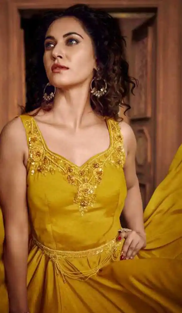 Musterd Color Heavy Hmbroidery Designer Indo Westurn Gown -702687537
