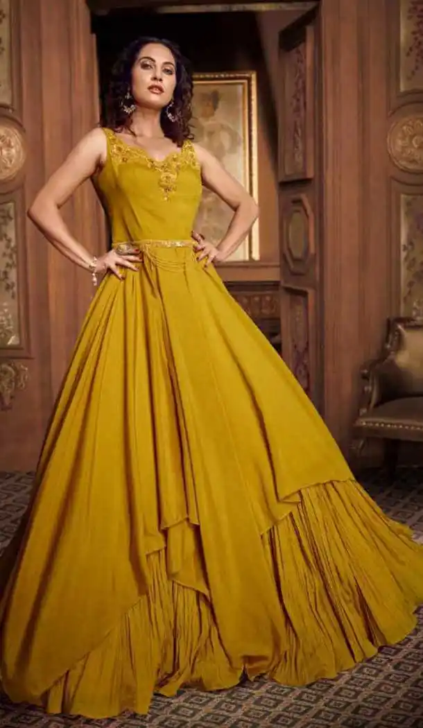 Musterd Color Heavy Hmbroidery Designer Indo Westurn Gown -702687537