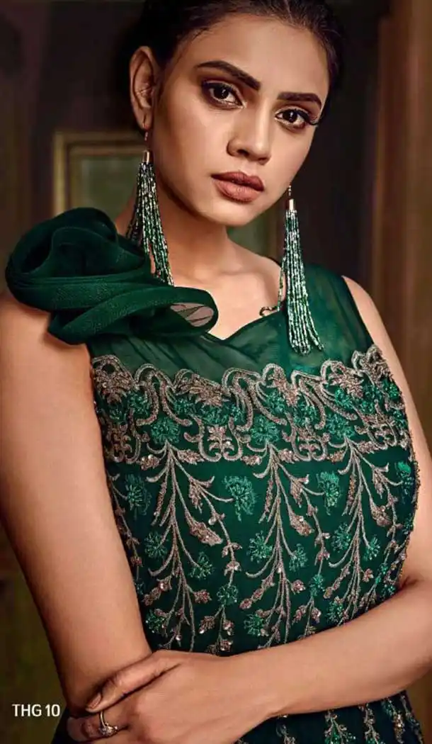 Green Color Heavy Hmbroidery Designer Indo Westurn Gown -702687538