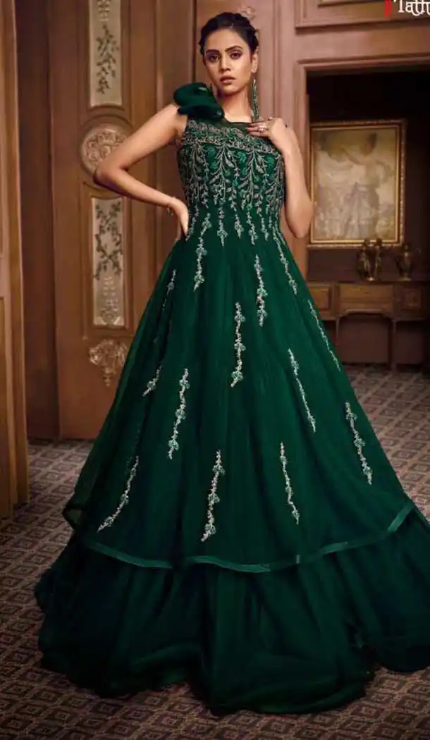 Green Color Heavy Hmbroidery Designer Indo Westurn Gown -702687538