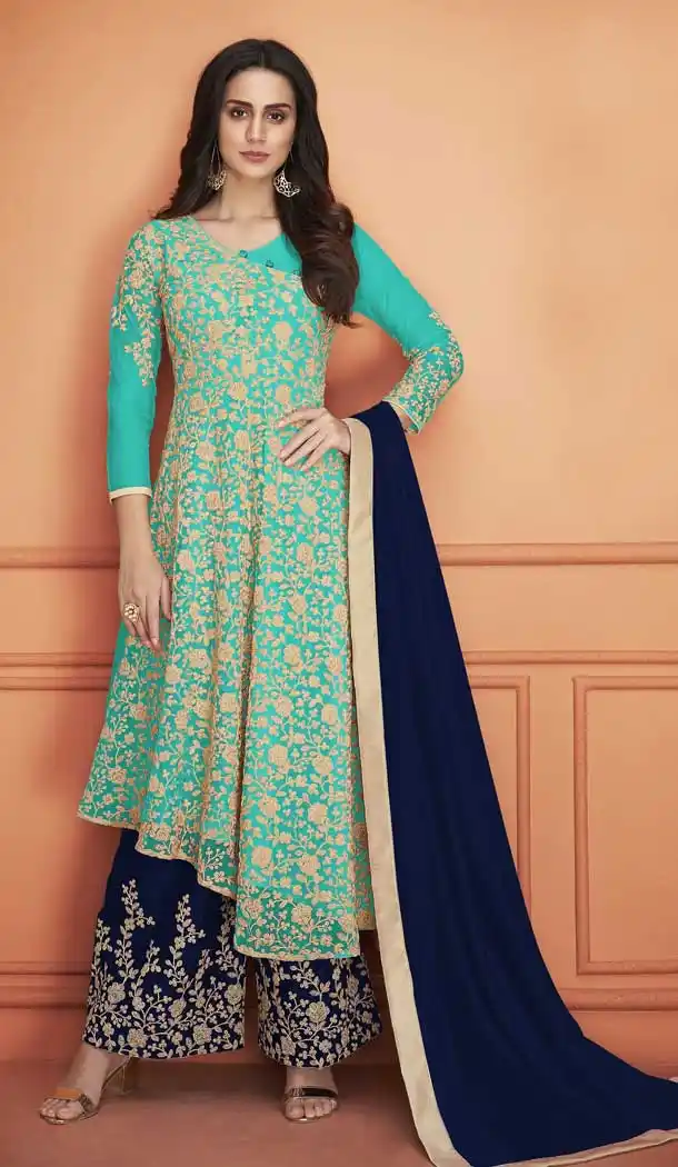 Sea Green Color Net Embroidery Pakistani Party Wear Palazzo Suit -704287681