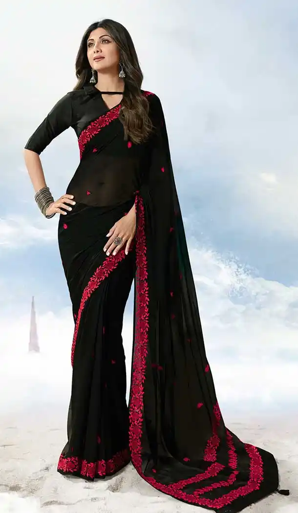 Black Color Satin Silk Bollywood Celebrity Shilpa Shetty Saree -704687715