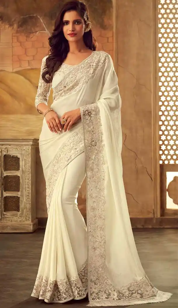 White Color Masaba Silk Designer Party Wear Saree Blouse -704887726