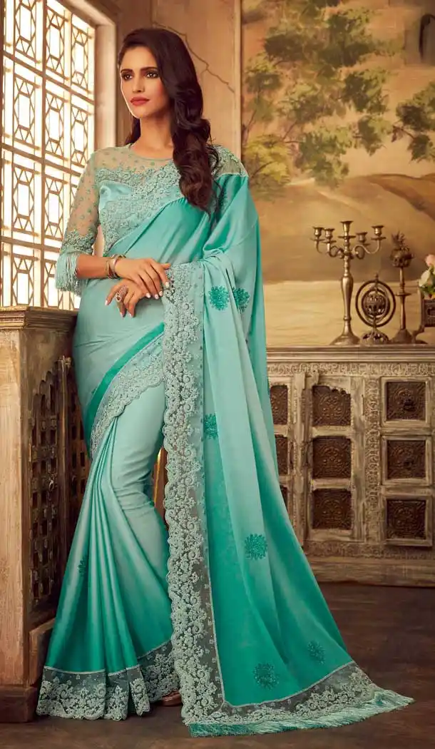 Sea Green Color Nightingle Silk Designer Party Wear Saree Blouse -704887727