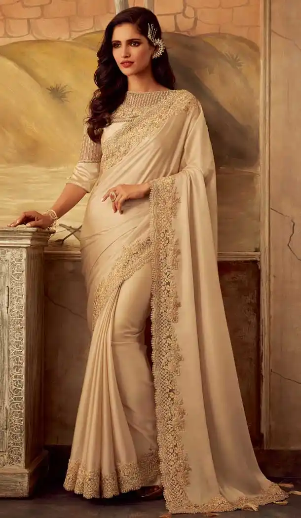 Cream Color Masaba Silk Designer Party Wear Saree Blouse -704887735