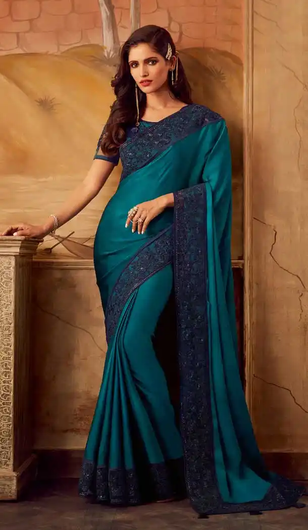 Teal Blue Color Sabya Silk Designer Party Wear Saree Blouse -704887736
