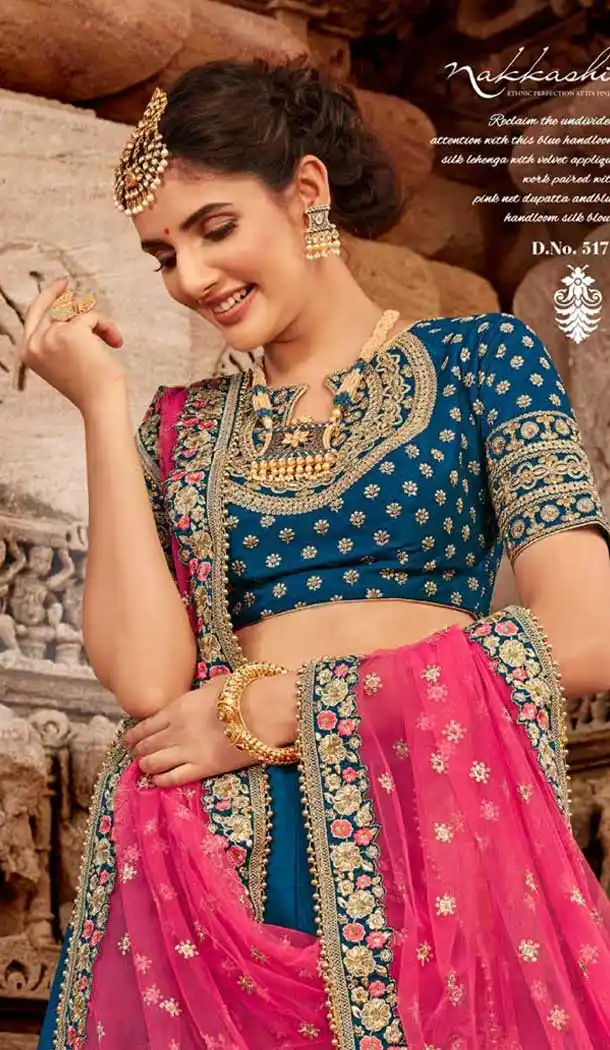 Gorgeous Blue Color Satin Silk Designer Bridal Wedding Lehenga Choli -705887824