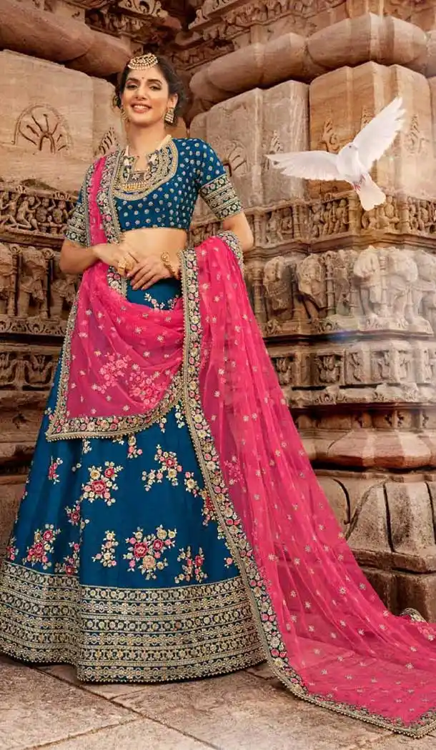Gorgeous Blue Color Satin Silk Designer Bridal Wedding Lehenga Choli -705887824