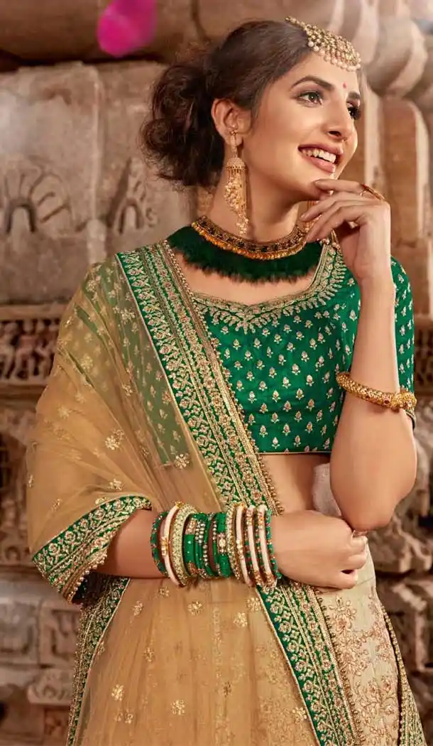 Beige Green Color Satin Silk Designer Bridal Wedding Lehenga Choli -705887825