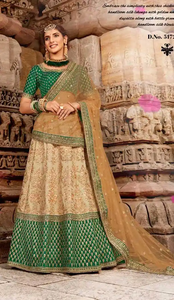 Beige Green Color Satin Silk Designer Bridal Wedding Lehenga Choli -705887825