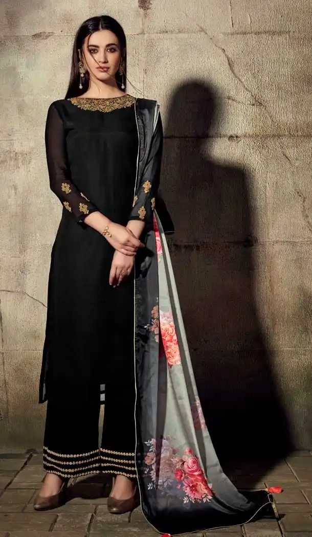 Melodic Black Color Georgette Readymade Palazzo Suit -705787813