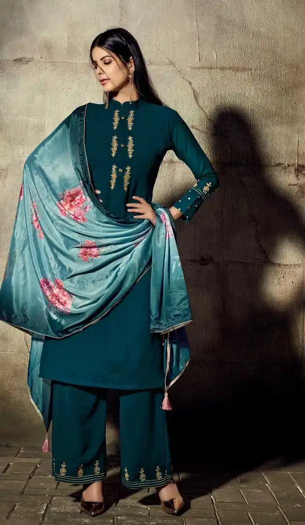 Aesthetic Teal Blue Color Georgette Readymade Palazzo Suit -705787814