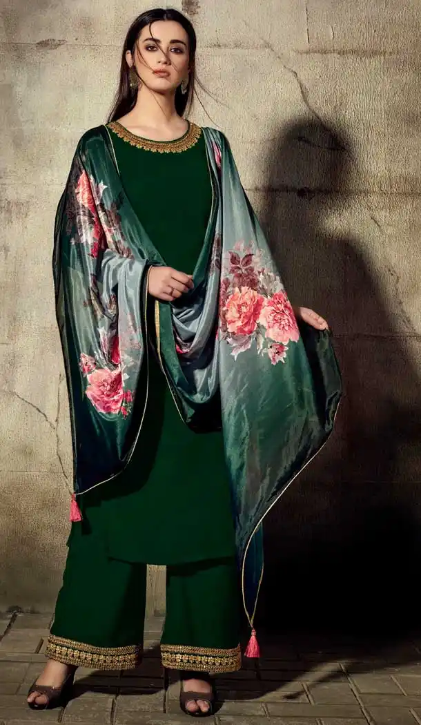 Dark Green Color Georgette Readymade Palazzo Suit -705787816