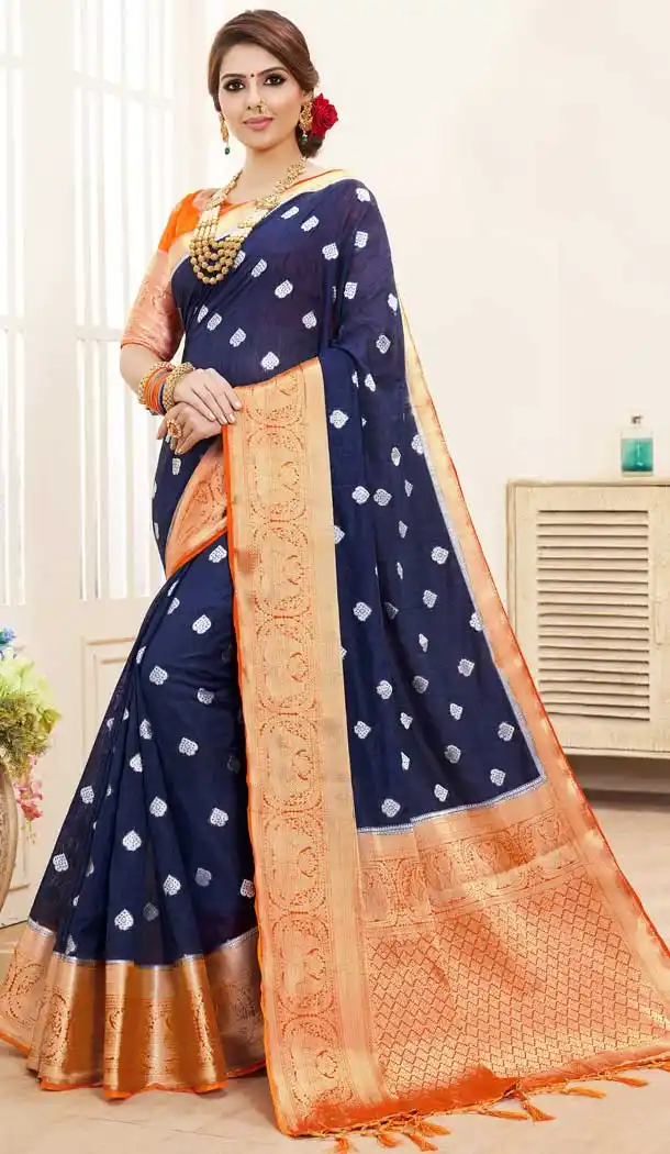 Unique Navy Blue Color Pure DolaLinen Silk Traditional Wear Saree -706487900
