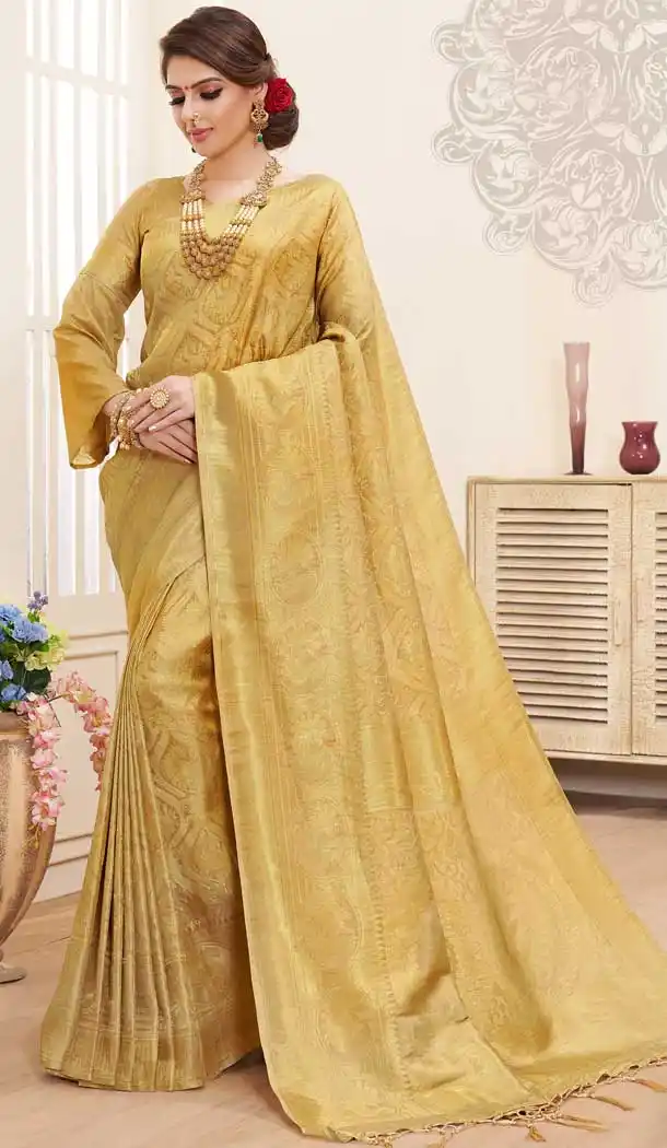 Majesty Gold Color Pure DolaLinen Silk Traditional Wear Saree -706487903