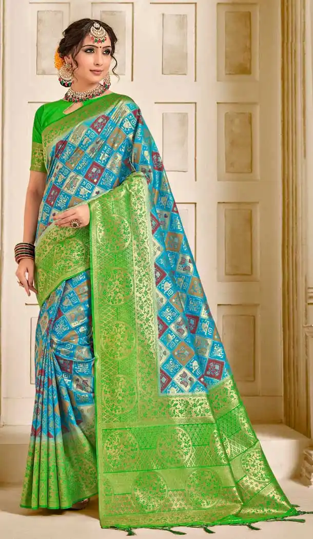 Chic Sky Blue Color Pure Ikat Silk Traditional Party Wear Saree -706587910