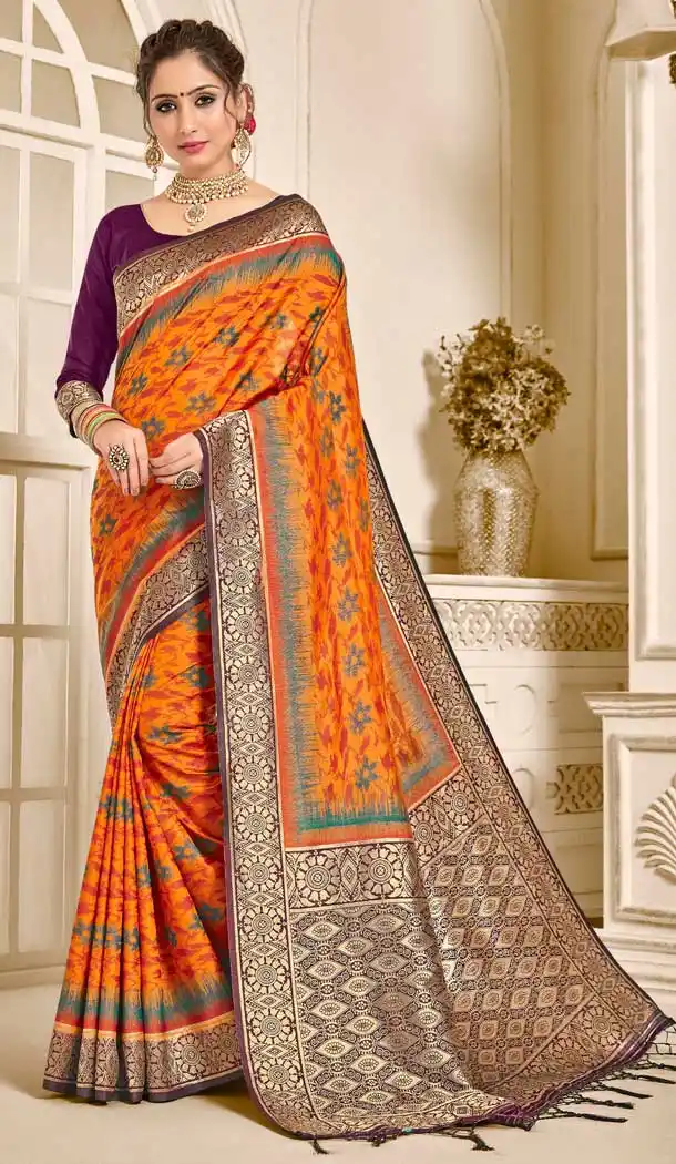 Splendorous Orange Color Pure Ikat Silk Traditional Party Wear Saree -706587911