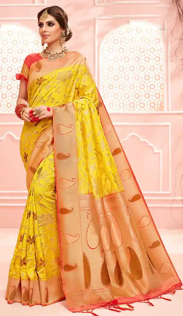Ethnic Yellow Color Pure Dola Silk Traditional Party Wear Saree -706787924