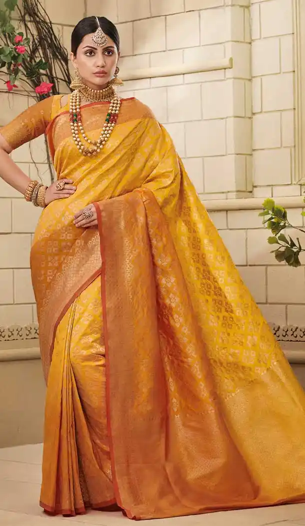 Musterd Yellow Color Weaving Silk Traditional Party Wear Saree Blouse -706887930