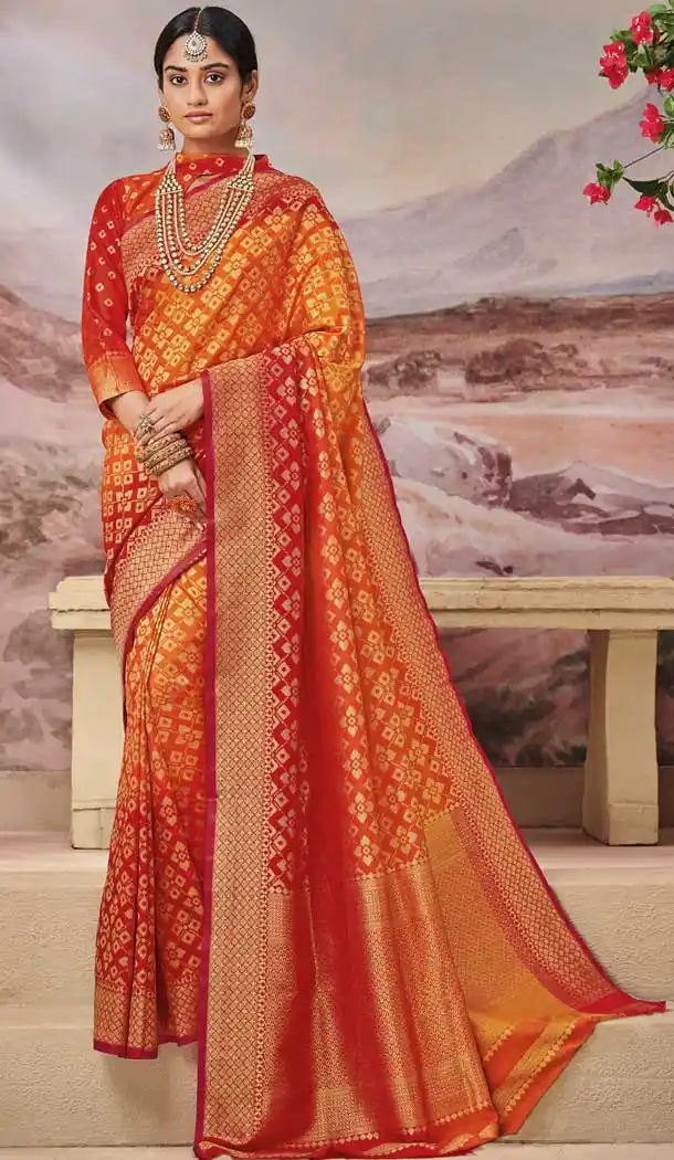 Red Orange Color Weaving Silk Traditional Party Wear Saree Blouse -706887934